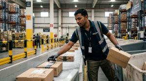 amazon warehouse worker sorting packages dubai