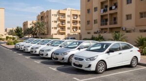 fleet of delivery cars parked in dubai for driver jobs