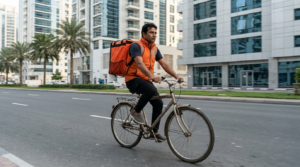 Delivery cyclist riding through Dubai street without a driving license