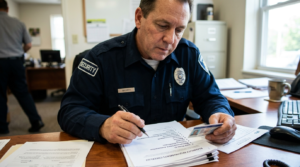 Security guard reviewing job application documents