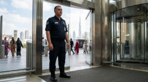 Security guard jobs in Dubai – guard standing at mall entrance