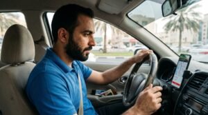 talabat car driver checking delivery app in dubai