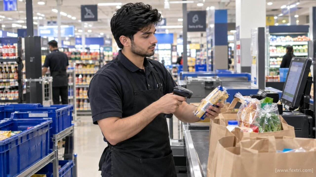 Carrefour supermarket worker checking scanner for packed orders