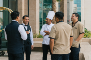 hotel staff team break outside dubai hotel