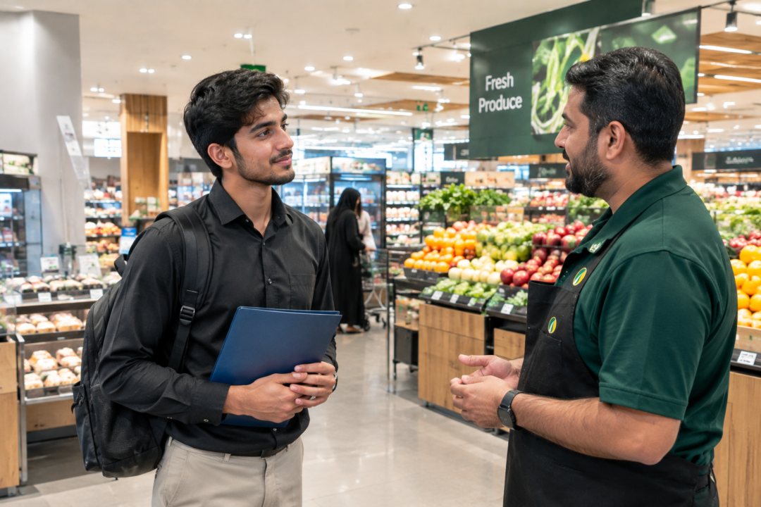 Spinneys job applicant discussing employment with a store employee in Dubai