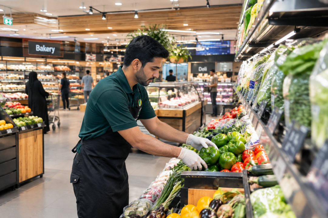 ALT TEXT: Spinneys jobs in Dubai bakery department staff member